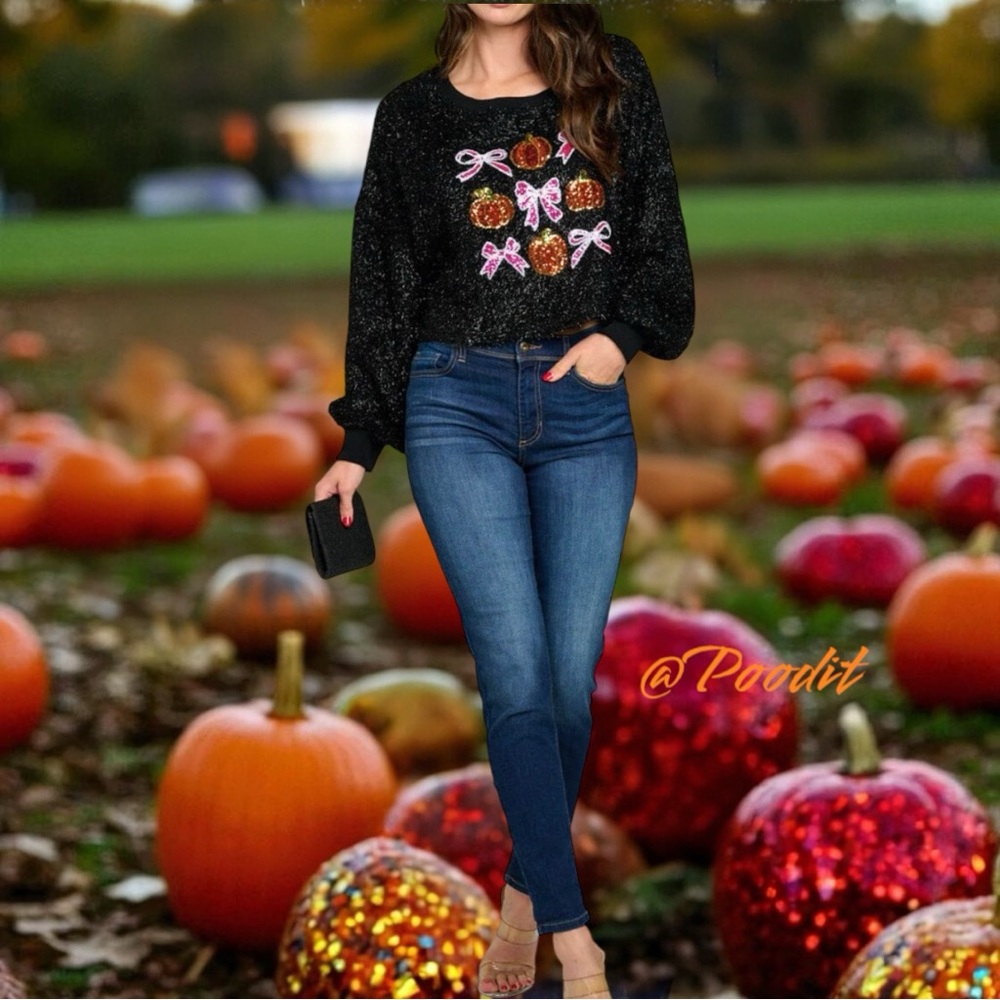 PEACH LOVE CALIFORNIA Black shimmer Sweater with sequin fall accents S M L - Picture 2 of 8